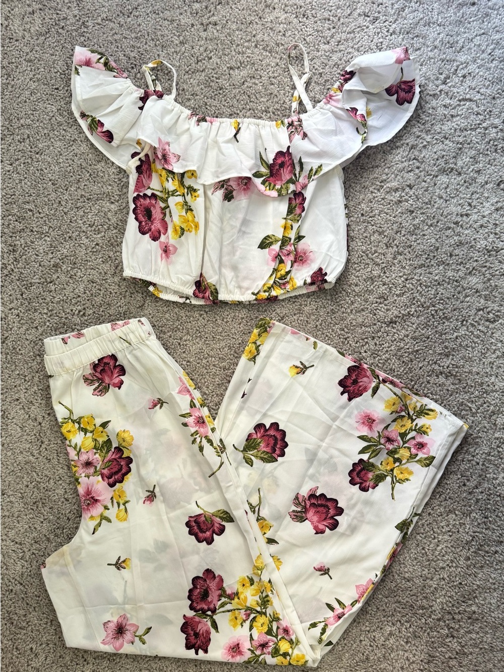 Floral Off-Shoulder Crop Top & Wide Leg Pants Set - White/Pink/Yellow